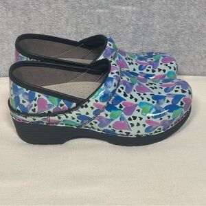 Dansko Patent Leather Heart-Print Clogs in Blue, Purple, Pink, Green